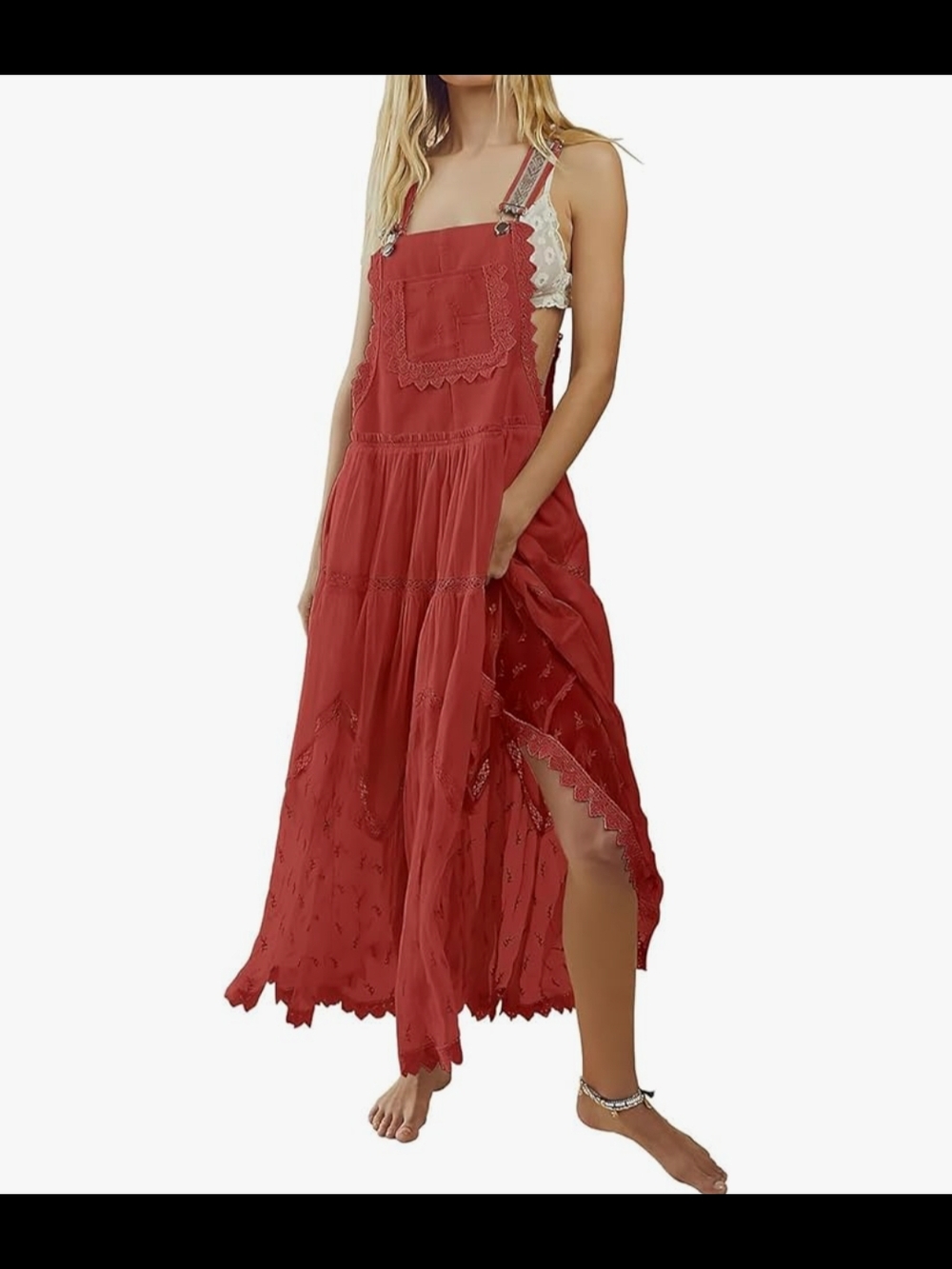 Red Boho Lace Maxi Pinafore Dress